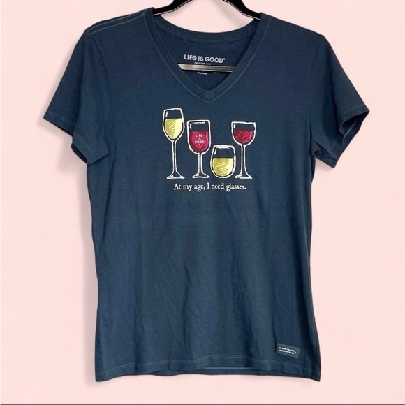 Life is Good Women Sz S I Need Wine Glasses Crusher Tee V Neck Navy Blue NWT - Picture 1 of 11